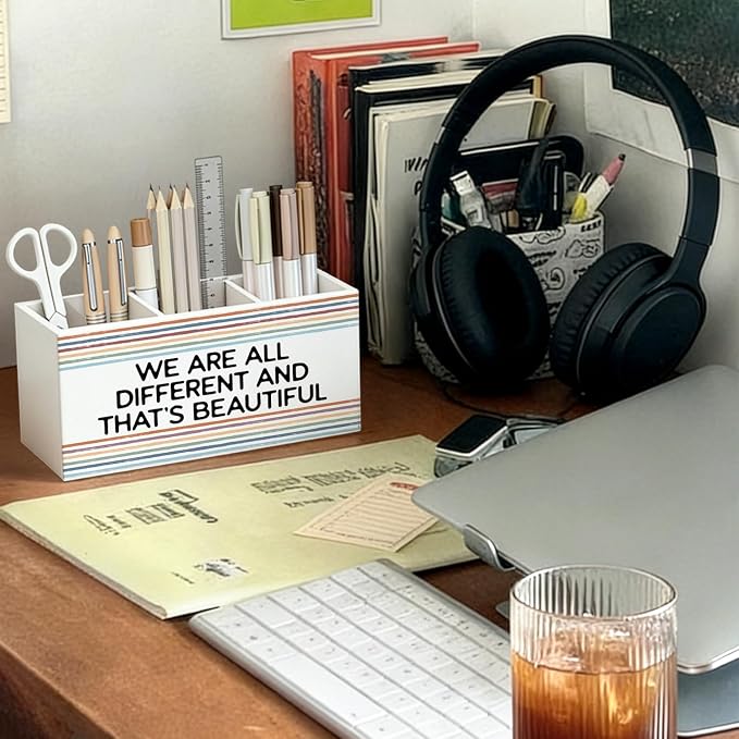 Classroom Pen Pencil Holder for Desk, Inspirational We Are All Different and That's Beautiful Wooden Box Sign Decorations for Kids Room Bedroom Playroom Classroom Desk Tabletop