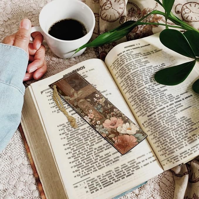 Vintage Style Brown Floral and Cross Bible Case with Bookmark Waterproof Bible Cover Case for Women Lightweight Bible Bag with Handle Pockets Church Book Bag