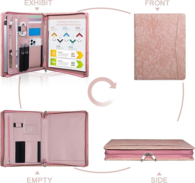Pink PU Embossed Leather Padfolio for Women, A4 Document Holder with Zipper, Cheque and Legal Notepad Holder, Interview Binder for Women, Work Portfolio Organizer, Personalized Portfolios for Girls