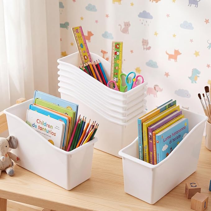 Fuutreo 12 Pcs Pieces Book Bins for Classroom Plastic Binder Holder Magazine Stuff Folder File Organizer Box for Home Office School Supplies (White)