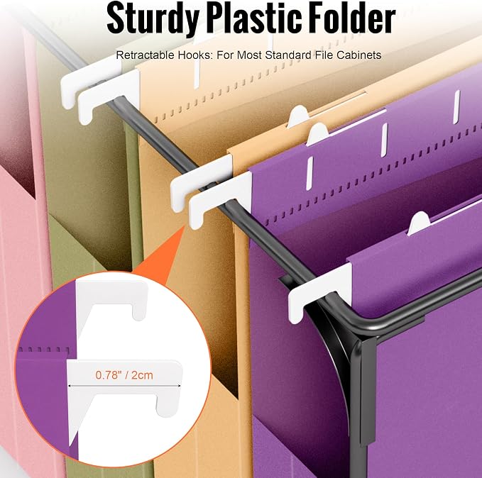 6 Pack Hanging File Folders Letter Size, 2" Pastel Expanding Pocket | 1/5-Cut Adjustable Tabs, Plastic Hang Folders, Heavy Duty for Filing Cabinet for Home Office, School Classroom