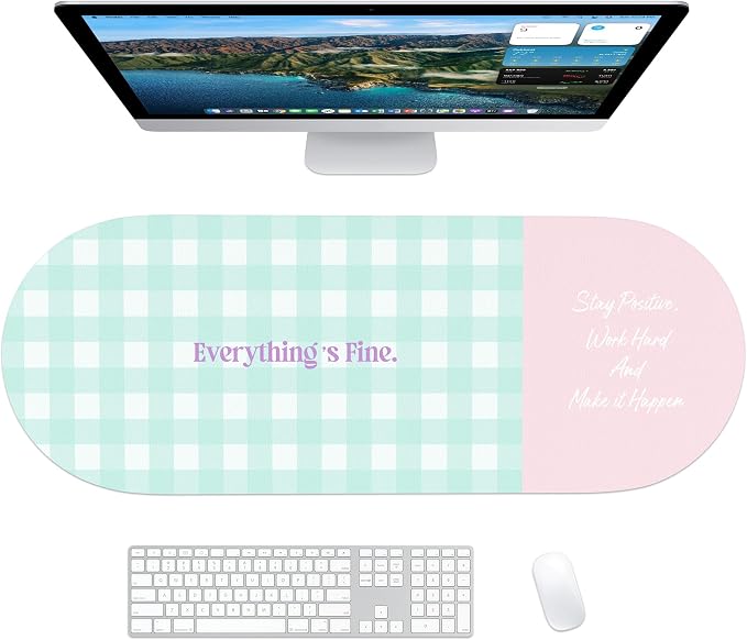 Checkered Pattern Desk Pad Protector, 35.5 x 13'' Aesthetic Mouse Mat for Desktop, Waterproof PU Leathe Non-Slip Desk Writing Pad for Office and Home, Blue-Green Pink