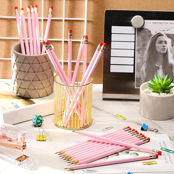 Outus 24 Pieces Round Pencils Cute HB Graphite Wood Pencils Pack with Eraser for School Drawing Sketching Wedding Office Supplies (Light Pink)