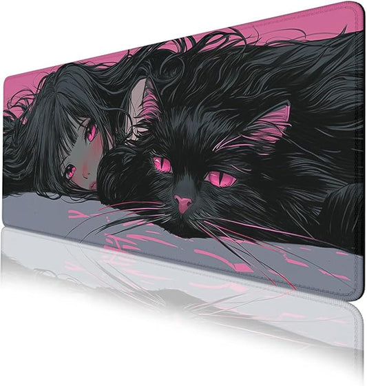 Anime Girl Desk Mat Gaming Mouse Pad Dark Hair Girl Black Cat XL Mousepad Large Mousepad Extended Laptop Keyboard Mat Gaming Desk Pad Mouse Mat Office Computer Keyboard 31.5"x11.8"
