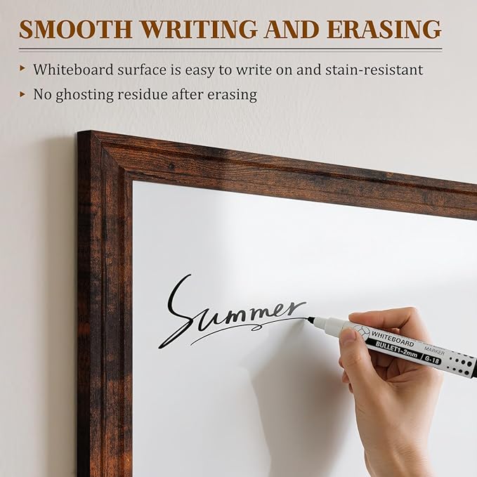 White Board for Wall, 24''x18'' Magnetic Dry Erase Board, Decorative Whiteboard with Brown Vintage Wooden Frame, Hanging Writing Board for Home Office School Dorm