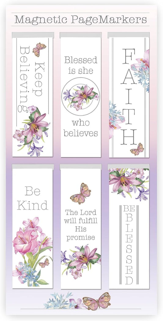 Christian Art Gifts Magnetic Scripture Bookmark Set for Women: Blessing From Above -Inspirational Floral & Butterfly Themed Magnetic Bible Verse Pagemarker Set of 6 for Bibles & Books Size 2.3" x 0.8"