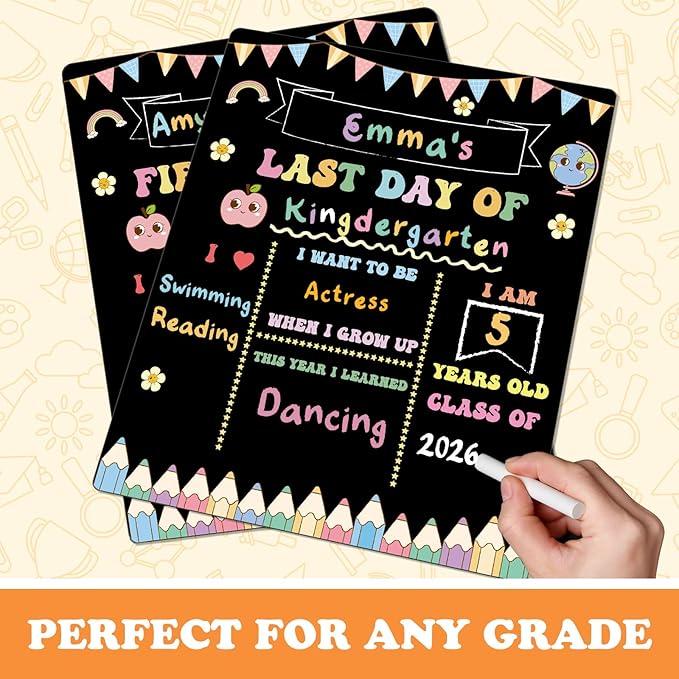 AmazingSpark First and Last Day of School Sign Board Double Sided 1st Back to School Supplies 10"x12" for Kids Preschool Kindergarten Chalk Board, Cute Crayon Retro Groovy Photo Reusable(Macaron)