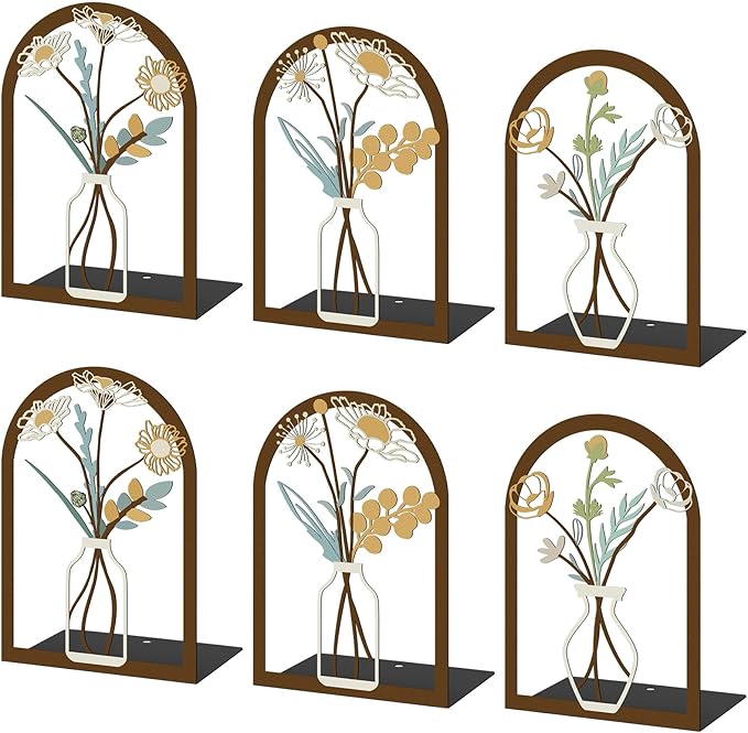 6 Pair Colourful Flower Metal Bookends Decorative Book Ends for Shelves Non-Slip Book Stopper Flower Shelf Holder for Home School Office Heavy Books