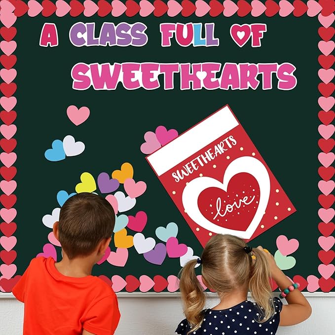 Valentine's Day Bulletin Board Set Valentine's Love Heart Classroom Decoration A Class Full Of Sweethearts Themed Cut-Outs Red Pink Colorful Hearts Bulletin Border for School Craft Projects Wall Decor