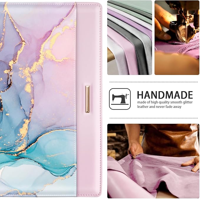 Padfolio/Resume Portfolio Folder for Women Men, WAVEYU Cute Chic Padfolio Cover Folder, Conference/Legal Document Organizer with Letter/A4 Size Clipboard, Document Sleeve, Pink+Blue Gold