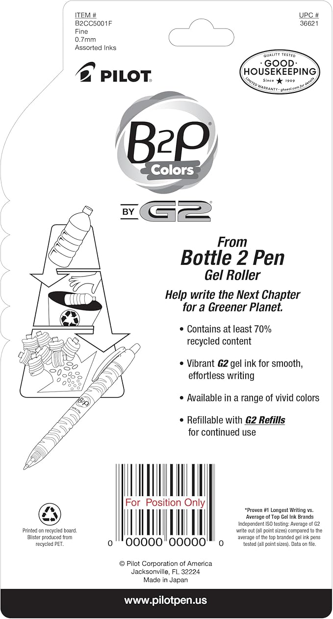 PILOT B2P Colors - Bottle to Pen Refillable & Retractable Rolling Ball Gel Pen Made From Recycled Bottles, Fine Point, Assorted Color G2 Inks, 5-Pack (36621)