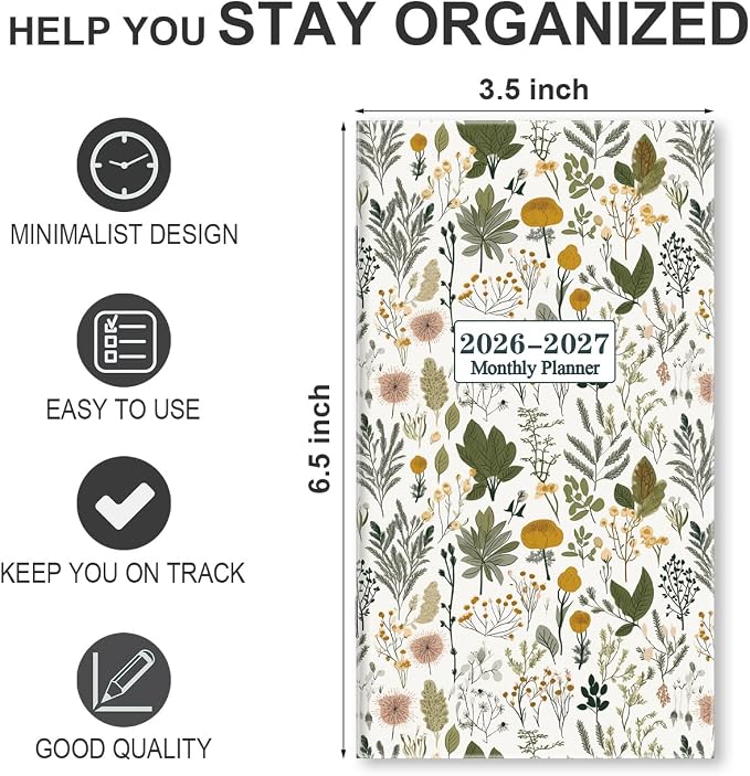 2026-2027 Pocket Calendar for Purse – Mini Monthly Planner from January 2026 to December 2027, 2 Year Monthly Calendar for Organizing & Planning, 3.5" x 6.5", Leaf Flower