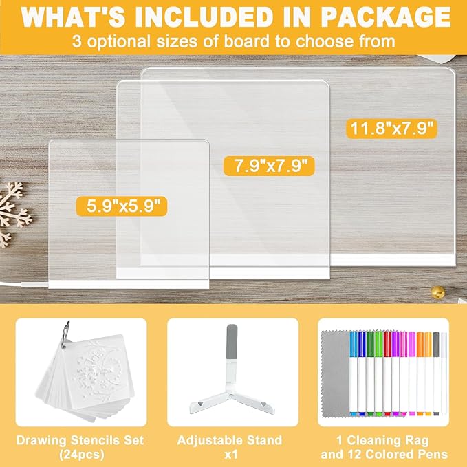 Lumiboard LED Drawing Board, Light Up Acrylic Dry Erase Board 11.8x7.9” with Stand, LED Note Board with Colors, Acrylic Message Writing Board with Light, Drawing Stencils Set Included