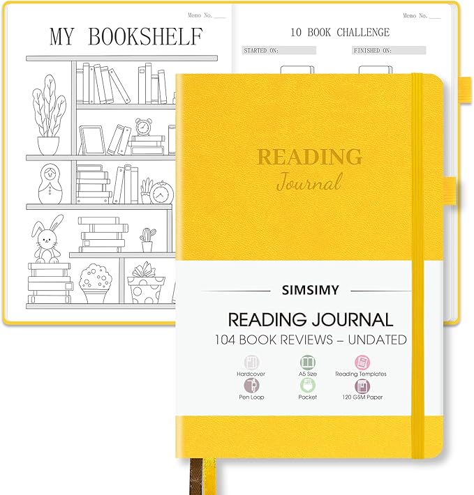 Reading Journal with 104 Book Reviews, Book Journal for Books Lovers & Readers - Review and Track Your Reading Progress, Reading Log Notebook Gift, A5, Yellow