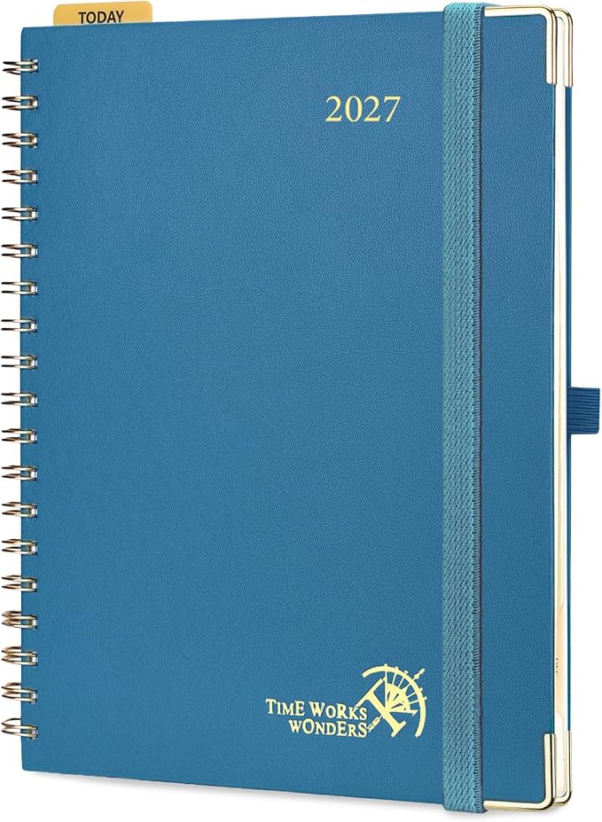 POPRUN 2027 Planner Daily Weekly and Monthly Calendar with Hourly Schedule, Monthly Tabs(Large Size 10'' x 8'' Wire-Bound Hard Cover) - Agenda 2027 (Jan.2027-Dec.2027) - Night Sky Navy Blue