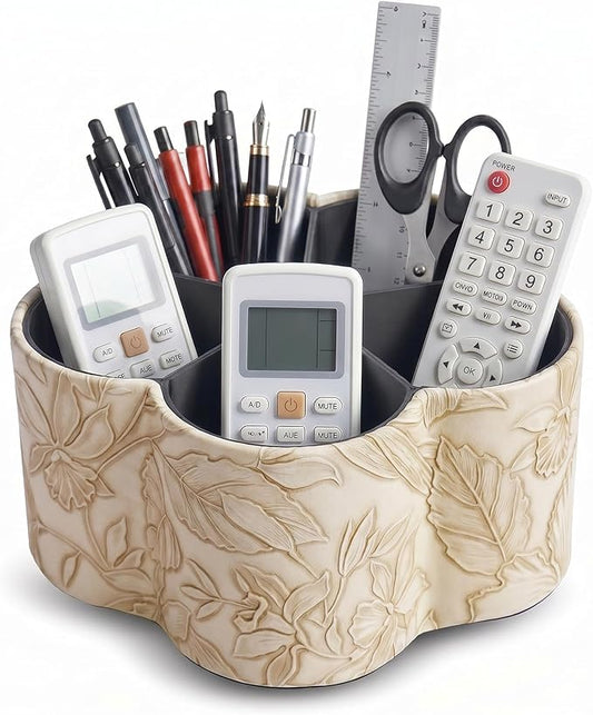 Flower Shaped Leather Art Supply Organizer,Remote Control Holder,360 Degree Spinning,Multi-Functional Pencil Holder,5 Compartments Desktop Stationary Organizer(1-Flower Apricot)