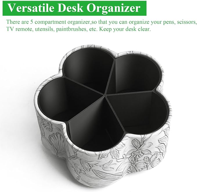 Flower Shaped Leather Art Supply Organizer,Remote Control Holder,360 Degree Spinning,Multi-Functional Pencil Holder,5 Compartments Desktop Stationary Organizer(1-Flower Grey)