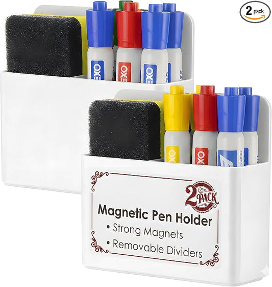2 Pack Magnetic Pen Holder for Refrigerator & Whiteboard, Full-Back Magnet Dry Erase Marker Holder with Adjustable Divider, Magnetic Marker Holder for White Board Office Desk Locker Accessories, White