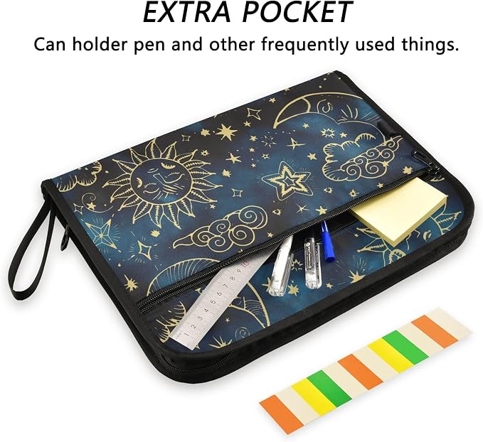 Expanding File Folder Sun Moon Boho Cosmos Astrology Accordion File Organizer 13 Pockets Document Organizer with Zipper Labels A4 Letter Office Storage