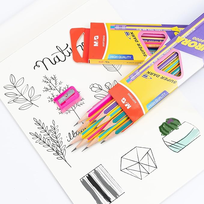 M&G Aurora Series 24 Pack HB Triangular Wood-Cased Pencils, Unsharpened with Erasers, Smooth Writing Break-Resistant Core, 6 Two-Tone Striped Colors for School Office Classroom Supplies