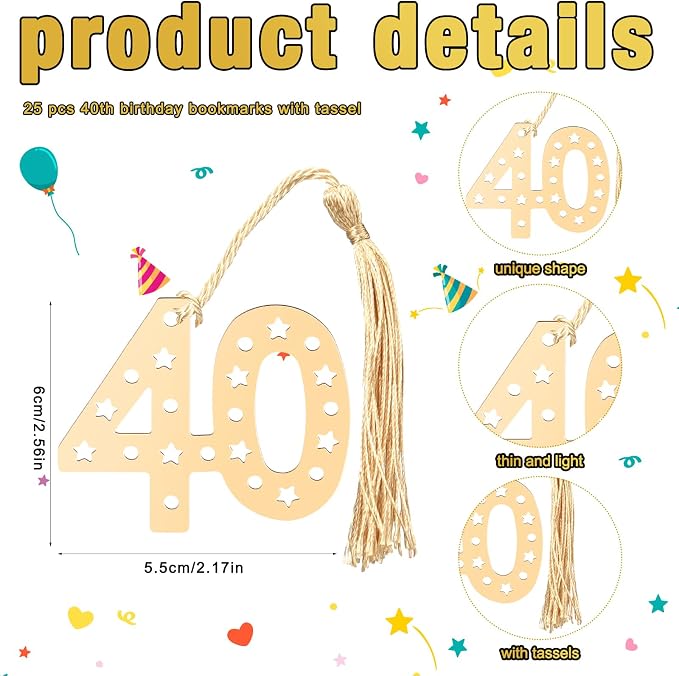Spakon 25 Set 40th Birthday Party Favor for Guest Anniversary Party Favor Golden Birthday Bookmark Thanks Coming Pen with Tag Appreciation Gifts for Women Men Wedding Anniversary
