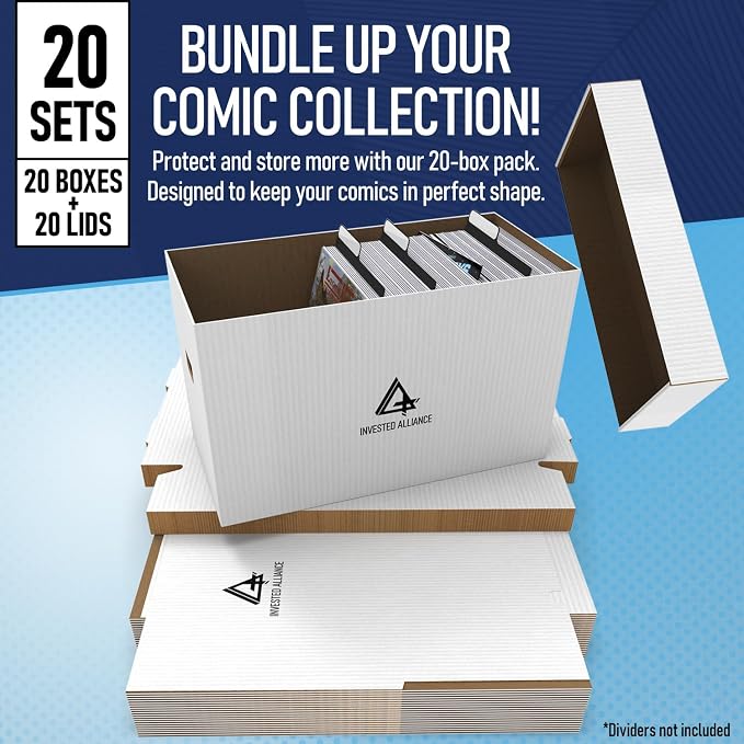 Invested Alliance Premium Short Comic Book Storage Box Organizer with Lid | Thick Cardboard Comic Storage Box For Collectibles Fits 150-175 Current/Silver Age, Heavy Duty & Stackable.
