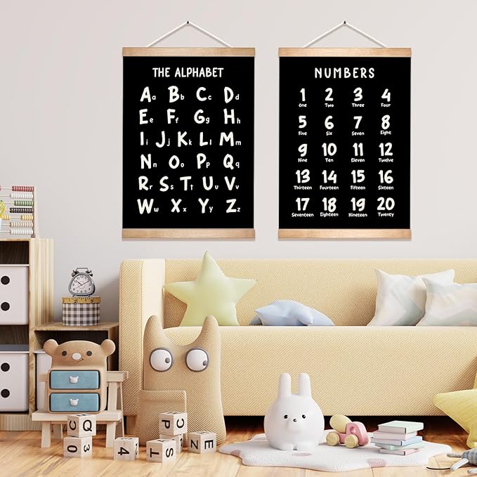 Alphabet and Numbers Educational Chart Set of 2 for Classroom Decor,Colorful Educational Poster for Toddlers 1-3,Toddler Learning Poster for Ages 3-5 for Nursery Playroom,Classroom Must Haves (Black)