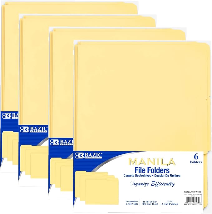 BAZIC Products Letter Size Manila File Folders, 1/3-Cut Tab, 6 Pack, for Office Filing, 4 Pack