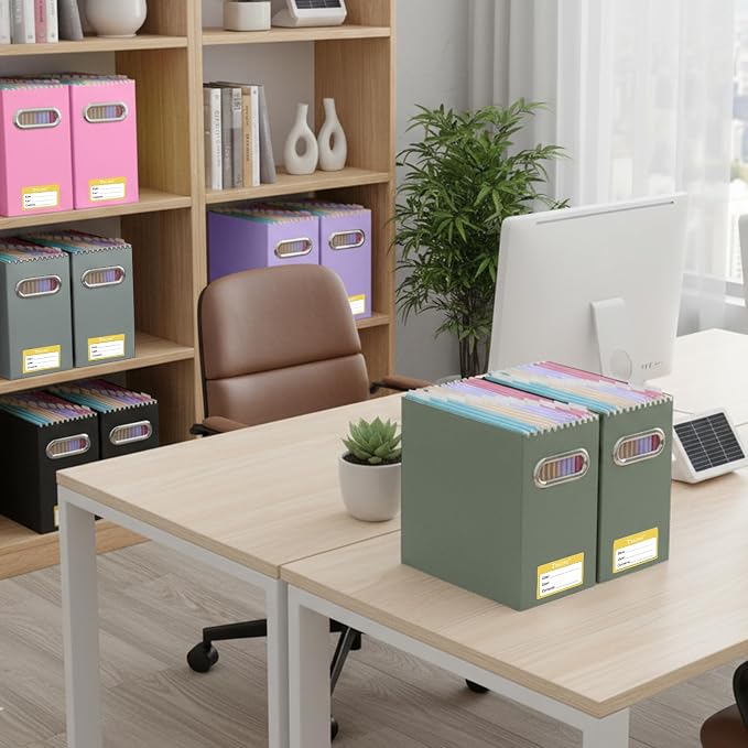 BALEINE File Organizer Box, Cardboard File Folder Organizer with Handle for Letter Size, Portable Collapsible Hanging Filing Box for Home Office Document Storage (2 Pack,Olive)