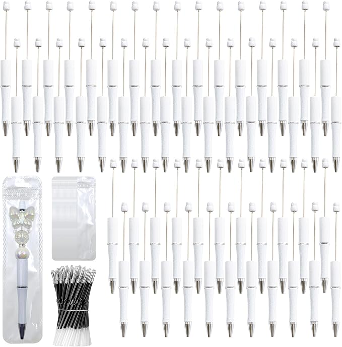 300 Pieces DIY Beadable Pen Kit – 100 Plastic Ballpoint Pens with Refills & Bags – School Supplies, Office Accessories & Decorative Items for Students & Teachers （White）