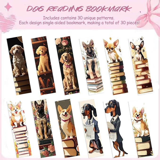 30 Pcs Cute Dog Bookmarks for Teens Adults Cartoon Puppy Reading Bookmark for School Office Students Teens Book Reading Lovers Classroom Gifts