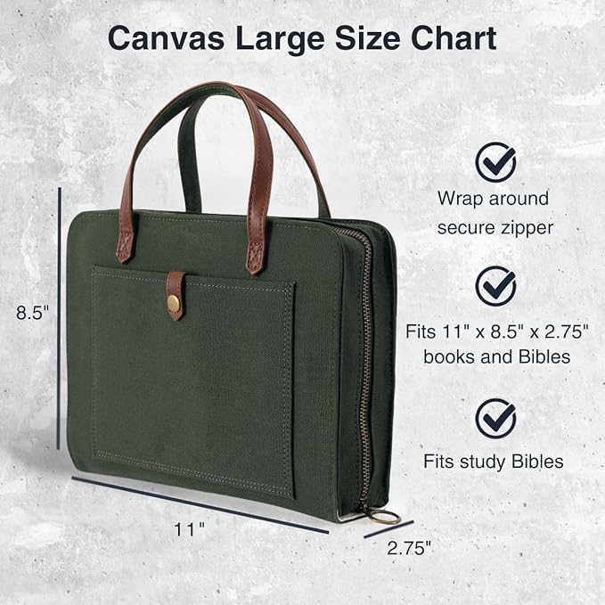 Bible Cover for Women Canvas Case with Leather Handles, Purse Style Bible Bag with Zippered Closure and Snap Pocket (Green/Cream, Medium and Large Bibles)