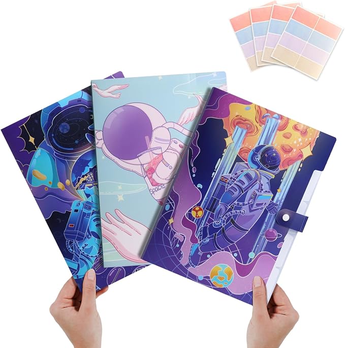 Cute File Folders, Expanding File Folders with 24 Labels, 5 Pocket File Organizer, Accordion File Organizer Letter Size for School, Office and Home - Space Dream Style Set of 3