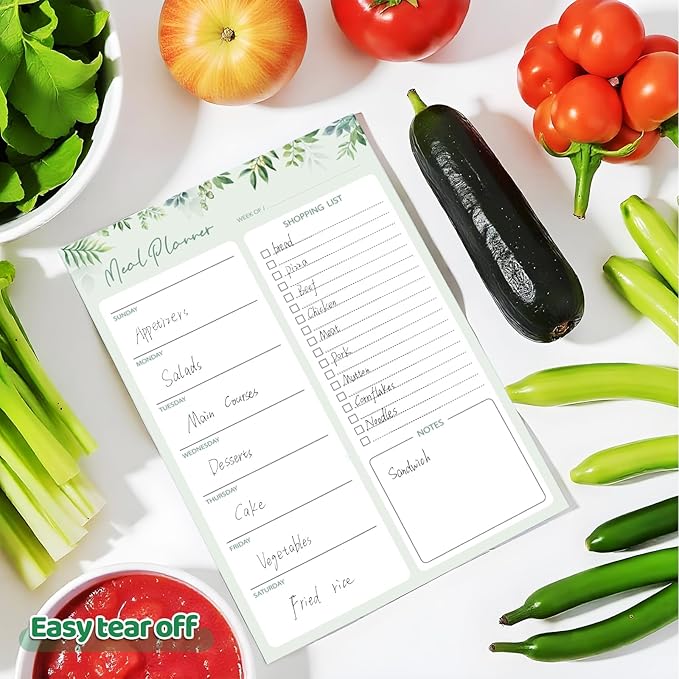 60 Sheets Meal Planner for fridge with Pen Holder, 7x10'' Magnetic Grocery List Undated Weekly Meal Planners with Tear off Shopping List, Green Leaf