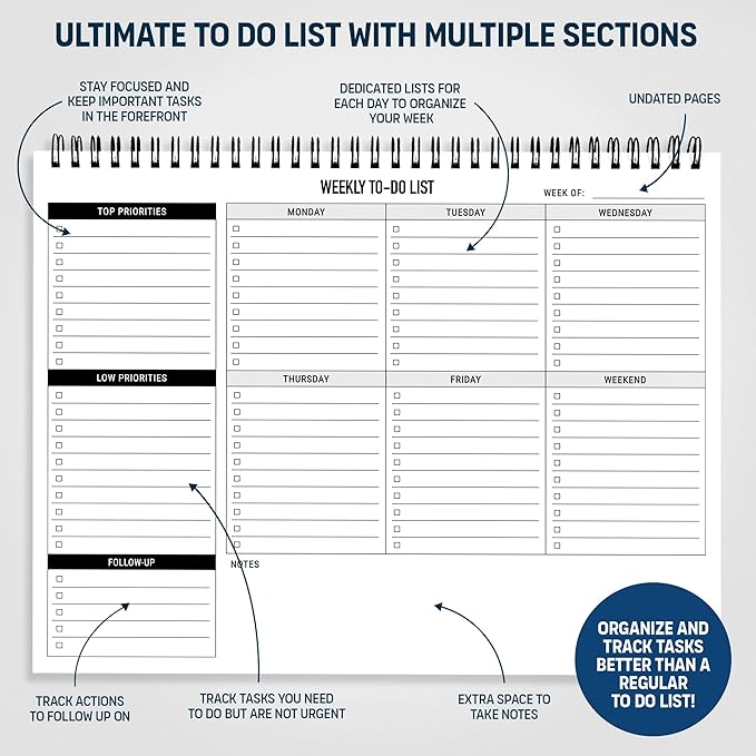 Weekly Planner To Do List Pad - 8.5x11" 52 Sheets Spiral - Desk Notepad with Multiple Sections - Undated Planning Notebook Checklist, Todo Agenda Plan