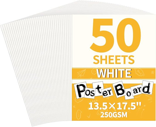 50 Pack White Poster Board, 13.5" x 17.5" Heavy-Weight Blank Poster Board Bulk, Thick Poster Board Paper for School, Classroom Supplies, Display, Art Crafts, Drawing, Presentations, Science Projects