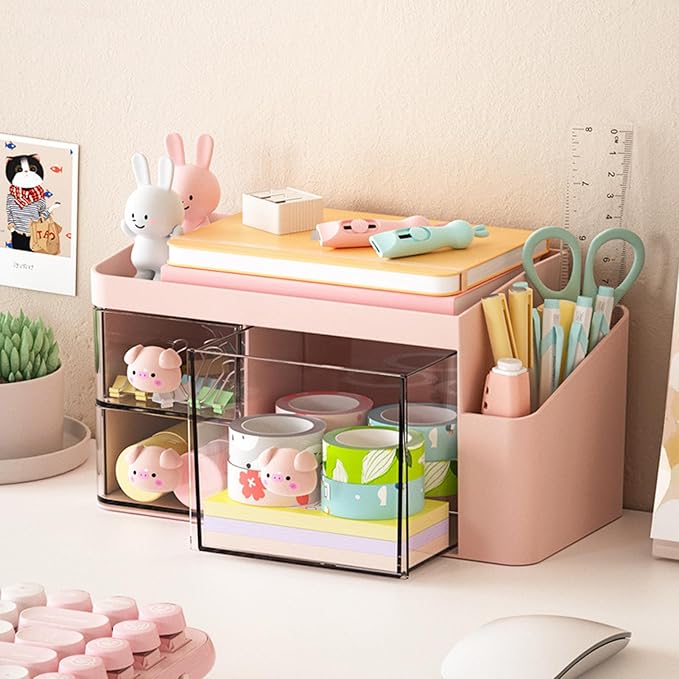 Desk Organizer with Pencil Holder and 3 Drawers, Desk Accessories Holder for Desk,Desktop Stationery Organizer for Office Home School Dressing Table(Small Pig Handle)
