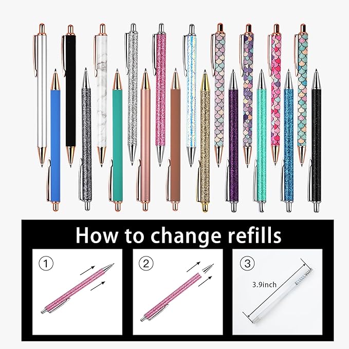 YOUMI 7/8 Pcs Retractable Ballpoint Pen，Pretty Bling Metal Writing Pens，Black Ink Medium Point 1.0 mm Gift Pens, Cute Journaling Pens Office Supplies for Women & Men (set 2)