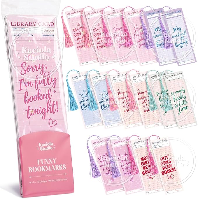 KACIOLA STUDIO 16PCS Library Card Glitter Bookmarks, Funny Bookmarks for Women, Double Sided Bookmark Bulk Booklover Gifts, Book Accessories for Reading Bookclub Party Favors