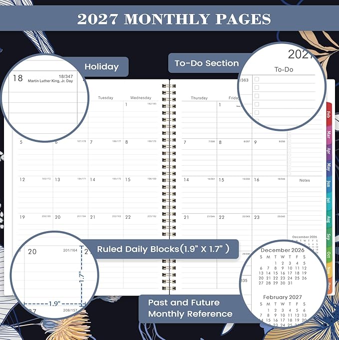 2027 Planner - 2027 Weekly and Monthly Planner, 11" x 9", Jan. 2027 - Dec.2027, Planner 2027 with Colorful Tabs, Premium Thick Paper, Twin-Wire Binding - Floral Black Cover
