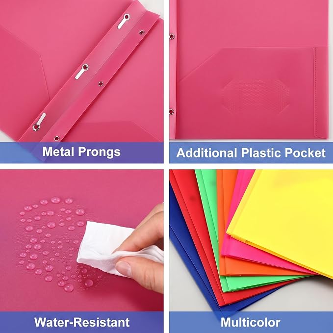 Cholemy 104 Packs Pocket Folders with Prongs Heavy Duty Plastic Folder with Business Card Slot 3 Prong Fasteners for School Office (Vivid)