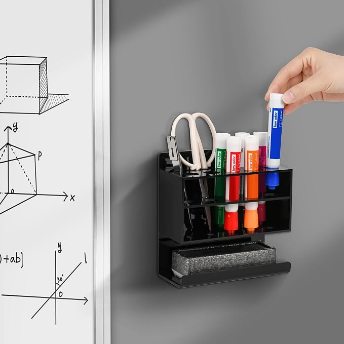 Dry Erase Marker Holder, 2 PCS Wall Mounted Acrylic Marker Holder with 10 Slots, Sticky Pen Storage for Classroom Organization, Office, Whiteboard, Desk Locker Accessories, Black