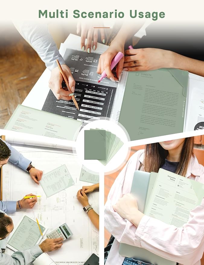 Plastic Folders Sleeves, Gradient Colors Plastic Project Pockets for Paper 11.9 × 8.5 Inches, Transparent Document Folders for School and Office Supplies (5 Pcs, Green)