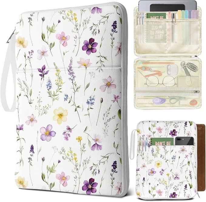White Floral Bible Book Sleeve with Zipper,12"x 9" Padded Protector Washable Book Covers,Books Pouch with Handle Pockets,Travel Book Carrying Case for Books Lover Hardcover,Mother's Day Christmas Gift
