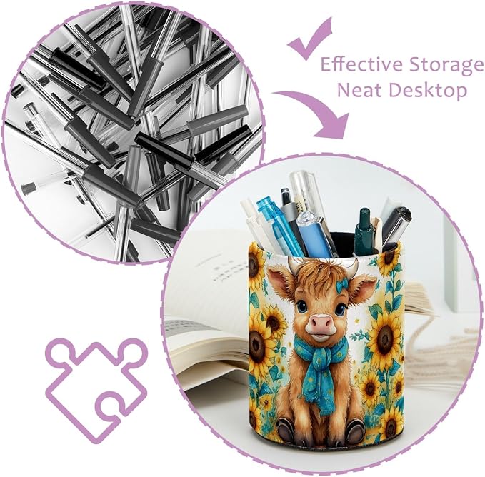 Leather Pen Holder for Desk, Highland Cow Sunflower Makeup Brushes Holder Pencil Cup Multifunctional Desktop Organizer Caddy for Home School Office Desk Accessories