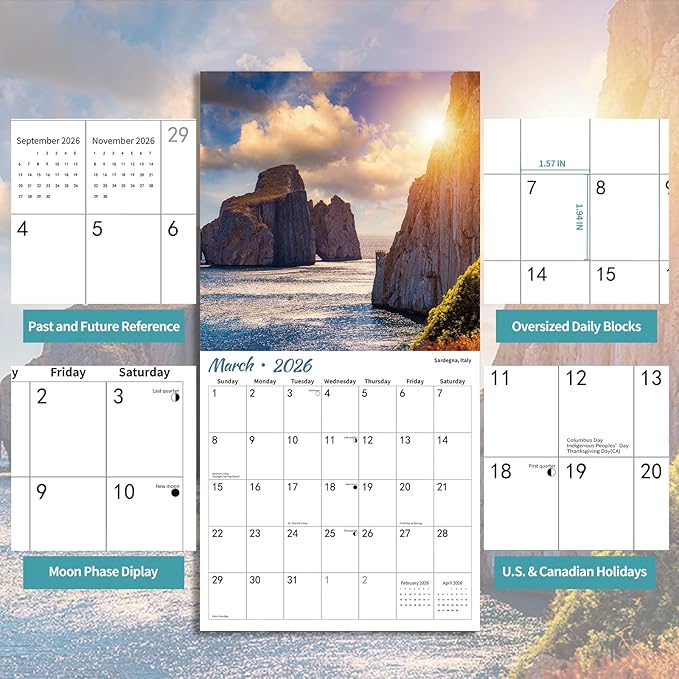 2026 Wall Calendar,Islands Monthly Wall Calendar, 12" x 24" Open,Family Planner Calendar,Home & Office Organizer,Hangable