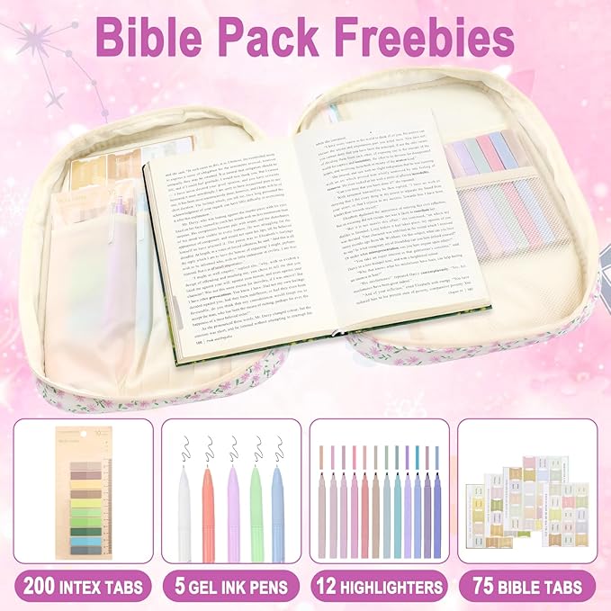 Zkptops Bible Cover Case for Women Large Bible Bag Cotton Quilted Bible Carrying Case with Zipper Pocket and Handle Carrying Book Cover for Christian Study Supplies Christian Gift(Purple Flower)