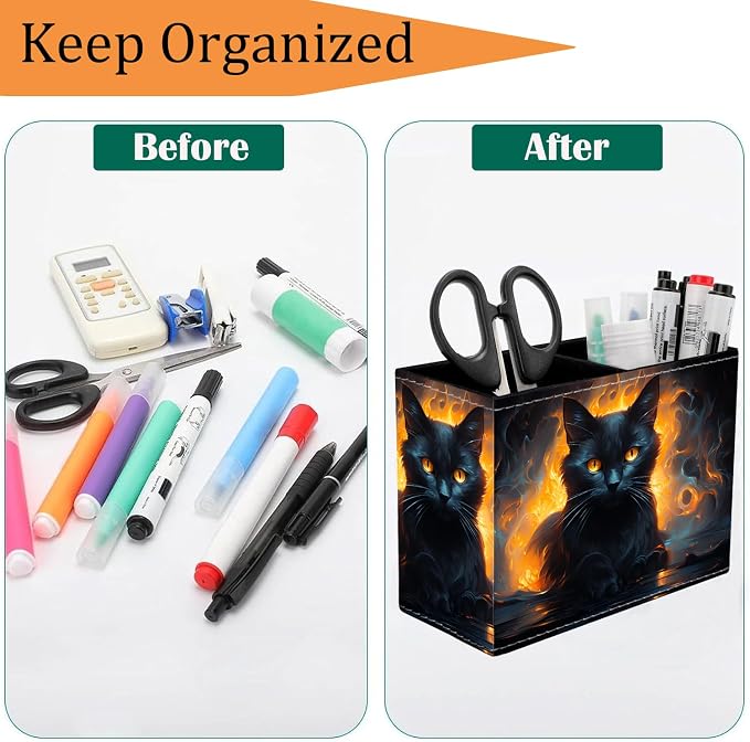 Pen Holder for Desk, PU Leather Multifunctional Desktop Storage Box and Anti-Slip Mouse Pad Set, Makeup Brush Holder Pen Organizer for Office and Home - Luminous Black Cat