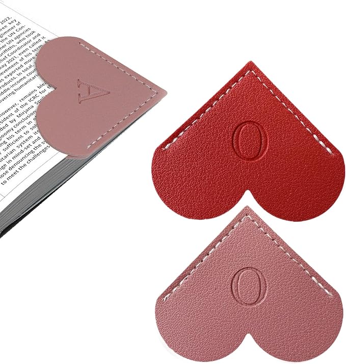 2Pcs Personalized Leather Heart Bookmark with Initial, 26 Letters Custom Corner Page Book Mark for Reading Women, Book Lovers, Teachers, Students, Cute Book Accessories Gifts(Red+Dark Pink, O)