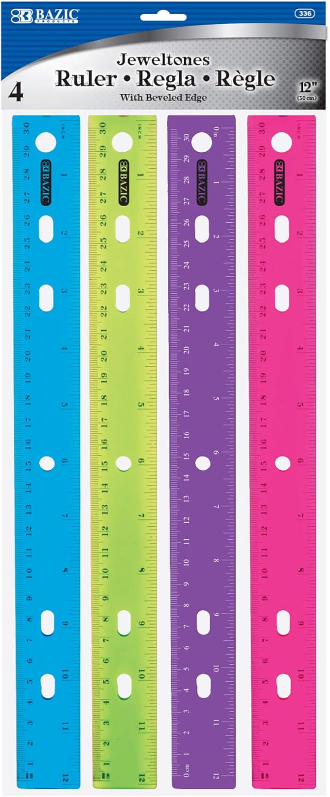BAZIC Products Product Jeweltones Color Plastic Ruler 12 Inch 30 cm, Set of 4 Plastic Ruler, Dual Inches Centimeter Scale, Metric Measuring Rulers for Classroom, Office, & Home Use, 4/Pack, 24-Packs